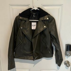 Olive Green Faux Leather hooded Jacket